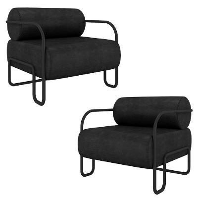 Kit 2 Poltronas Decorativas Sala De Estar Polatsk Base Industrial De Ferro Pu Preto G33