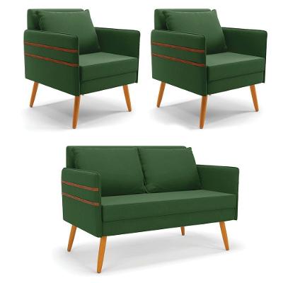 Kit 01 Namoradeira E 02 Poltronas Suede Castanho Verde