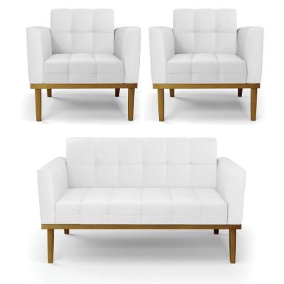 Conjunto 2 Poltronas E 1 Namoradeira Decorativa Pés Fixo Em Madeira Castanho Pu Branco