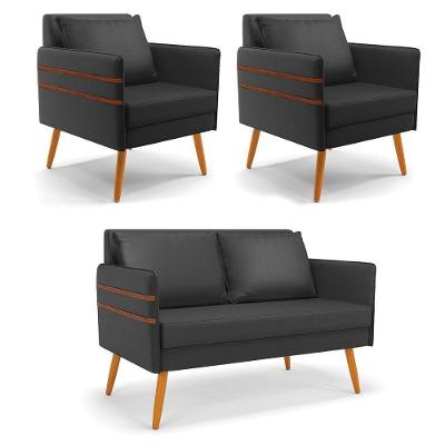 Kit 01 Namoradeira E 02 Poltronas Corino Preto Castanho
