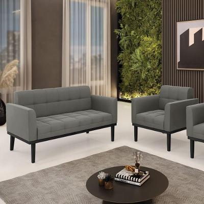 Conjunto Poltrona E Namoradeira Decorativa Pés Fixo Em Madeira Preto Suede Grafite