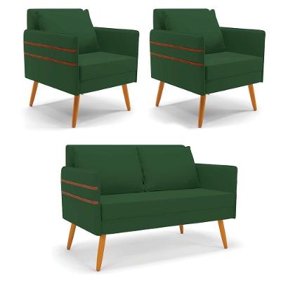 Kit 01 Namoradeira 02 Lugares E 02 Poltronas Mari Veludo Verde Pés Palito Castanho - D'rossi