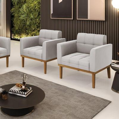 Kit 2 Poltronas Decorativas Pés Fixo Em Madeira Castanho Veludo Cinza
