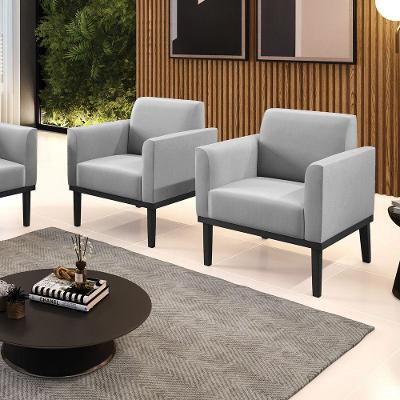 Kit 2 Poltronas Decorativas Pés Fixo Em Madeira Preto Suede Cinza