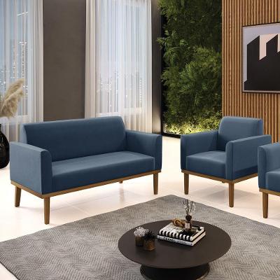 Conjunto Poltrona E Namoradeira Decorativa Pés Fixo Em Madeira Castanho Suede Azul Marinho