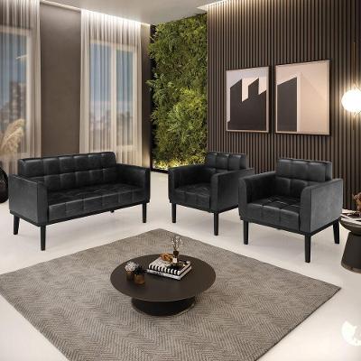 Conjunto 2 Poltronas E 1 Namoradeira Decorativa Pés Fixo Em Madeira Pu Preto Brilho