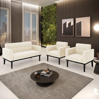 Conjunto 2 Poltronas E 1 Namoradeira Decorativa Pés Fixo Em Madeira Preto Veludo Bege