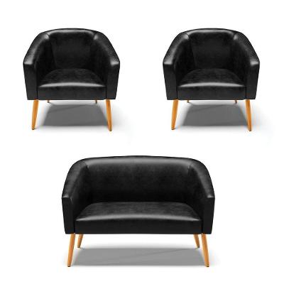 Kit 1 Namoradeira E 02 Poltronas Preto Pés Palito Castanho