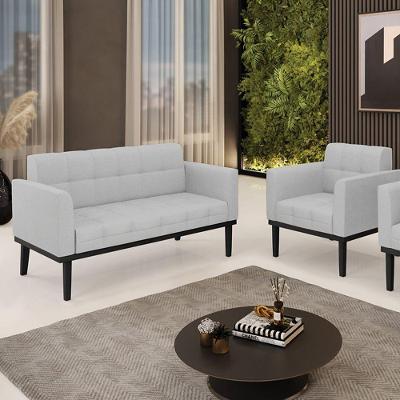 Conjunto Poltrona E Namoradeira Decorativa Pés Fixo Em Madeira Preto Linho Cinza