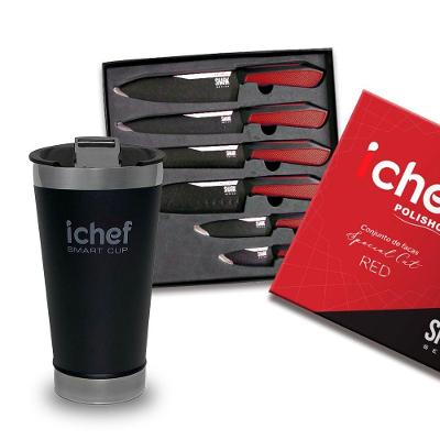 Conjunto De 6 Facas Special Cut Vermelha E Copo Térmico Com Tampa Smart Cup 600ml Ichef | Copo Preto