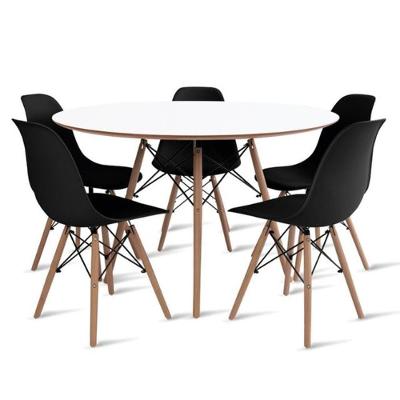 Conjunto De Mesa De Jantar Eames Eiffel Redonda 120cm Tampo De Madeira Branco Com 5 Cadeiras Pretas