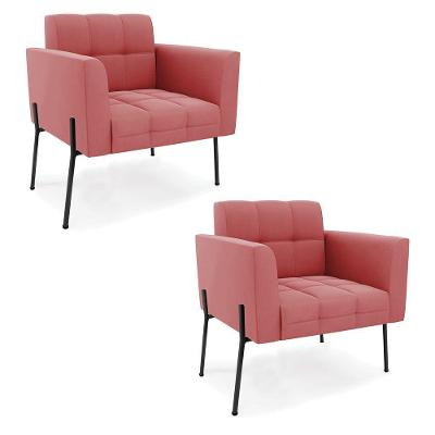 Poltrona Pé De Ferro Preto Para Sala Kit 2 Elisa Suede D03 - D'rossi Cor Rose