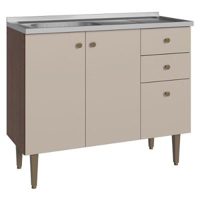 Balcão Gabinete Com Pia 105cm 3 Portas 1 Gaveta Crema