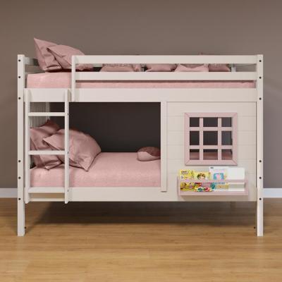 Beliche Infantil Com Janela E Cortina Madeira Maciça Branco/ Rosa Housin