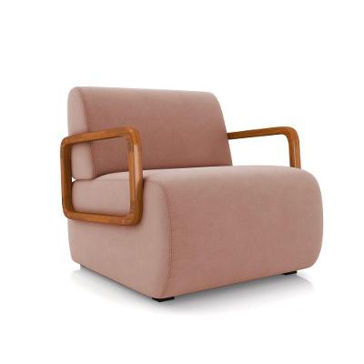 Poltrona Sala De Estar Braço De Madeira Hellen Veludo K01 - D'rossi Cor Rose