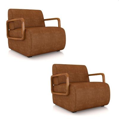 Poltrona Sala De Estar Braço De Madeira Kit 2 Hellen Sintético Pu K01 - D'rossi Cor Nozes