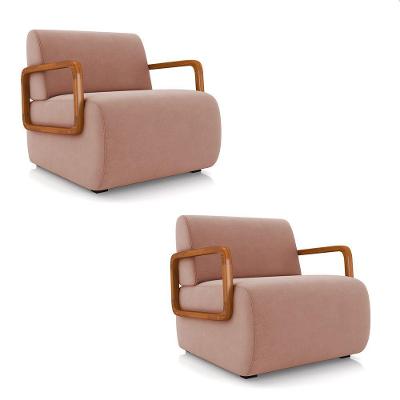 Poltrona Sala De Estar Braço De Madeira Kit 2 Hellen Veludo K01 - D'rossi Cor Rose