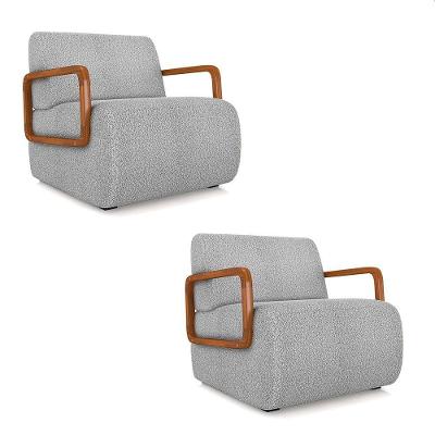 Poltrona Sala De Estar Braço De Madeira Kit 2 Hellen Bouclê K01 - D'rossi Cor Cinza Claro