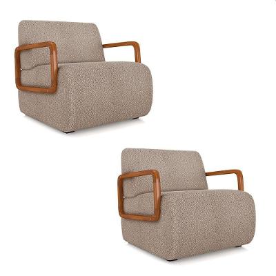 Poltrona Sala De Estar Braço De Madeira Kit 2 Hellen Bouclê K01 - D'rossi Cor Creme