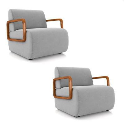 Poltrona Sala De Estar Braço De Madeira Kit 2 Hellen Veludo K01 - D'rossi Cor Cinza