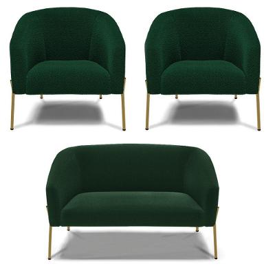 Namoradeira E 2 Poltronas Pé Ferro Dourado Stella Bouclê Verde D03 - D'rossi