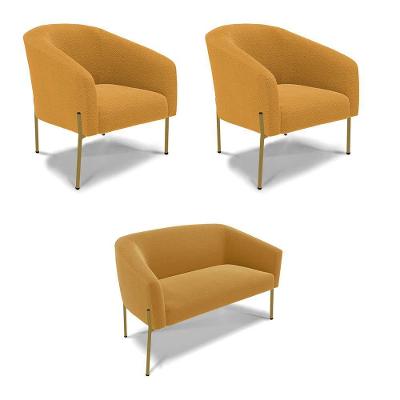 Namoradeira E 2 Poltronas Pé Ferro Dourado Stella Bouclê Mostard D03 - D'rossi