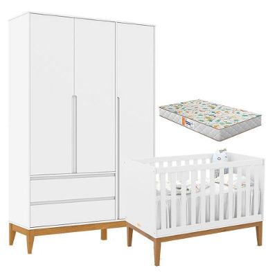Berço Americano Unique E Guarda Roupa 3 Portas Nature Clean Branco Soft Eco Wood Com Colchão Gazin