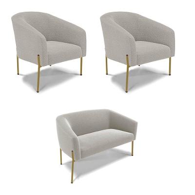 Namoradeira E 2 Poltronas Pé Ferro Dourado Stella Bouclê D03 - D'rossi Cor Cinza