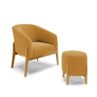 Poltrona E Puff Decorativo Base Madeira Stella Bouclê Mostarda P01 - D'rossi