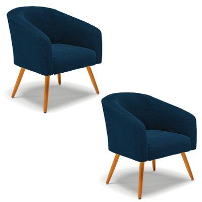 Poltrona Para Sala Pé Palito Castanho Kit 2 Stella Bouclê Azul D03 - D'rossi