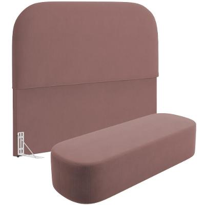 Cabeceira Cama Box Queen 160cm Lanna Com Puff Recamier Doha W01 Suede Rosê - Lyam Decor