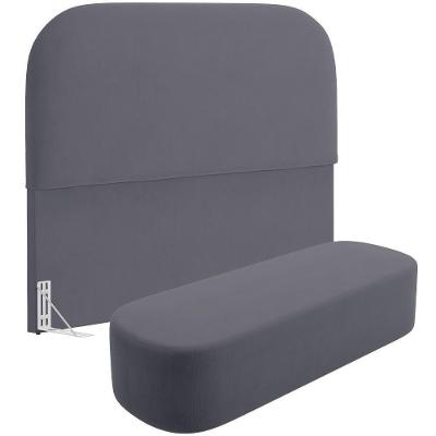 Cabeceira Cama Box Casal 140cm Lanna Com Puff Recamier Doha W01 Suede Cinza - Lyam Decor