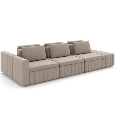 Sofá Ilha Com Puff Para Sala Living 395cm Amber M03 Veludo Bege - Lyam Decor