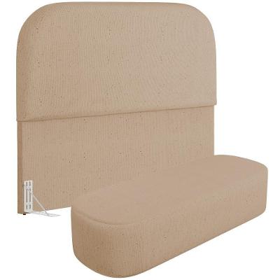 Cabeceira Cama Box King 195cm Lanna Com Puff Recamier Doha W01 Linho Bege Escuro - Lyam Decor