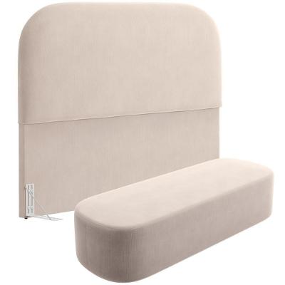 Cabeceira Cama Box Casal 140cm Lanna Com Puff Recamier Doha W01 Suede Bege - Lyam Decor