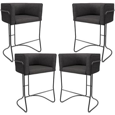Kit 04 Banquetas Baixa Base De Aço Preto Betina D02 Linho Cinza Escuro C-416 - Lyam Decor