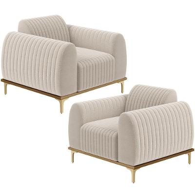 Kit 02 Poltronas Decorativa Base De Madeira Castanho E Pés Metalizado D'ouro Molino D02 Bouclê Creme B-54 - Lyam Decor