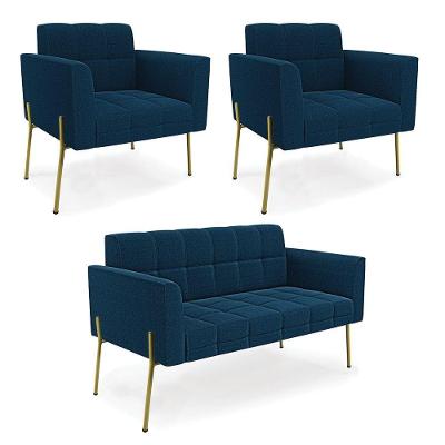 Namoradeira E 2 Poltronas Pé De Ferro Dourado Elisa Bouclê Azul D03 - D'rossi