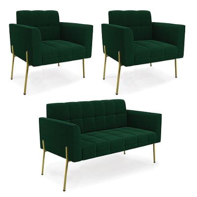 Namoradeira E 2 Poltronas Pé De Ferro Dourado Elisa Bouclê Verde D03 - D'rossi