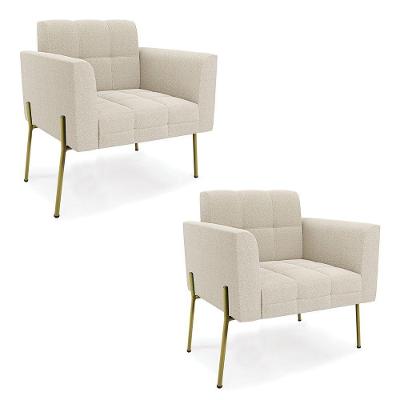 Poltrona Estar Pé Ferro Dourado Kit 2 Elisa Bouclê D03 Cor Bege
