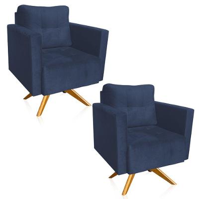 Kit 2 Poltronas Giratória Livia Suede Base De Madeira Ma30 Cor Azul Marinho