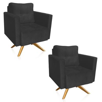 Kit 2 Poltronas Giratória Livia Suede Grafite Base De Madeira Ma30 - D'rossi