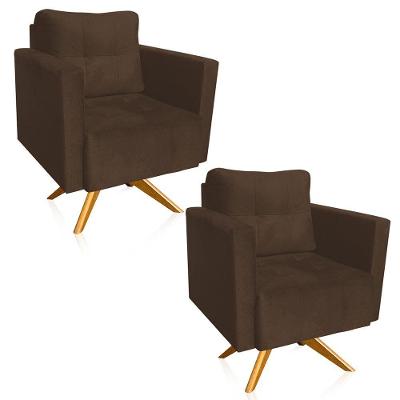 Kit 2 Poltronas Giratória Livia Suede Marrom Base De Madeira Ma30 - D'rossi
