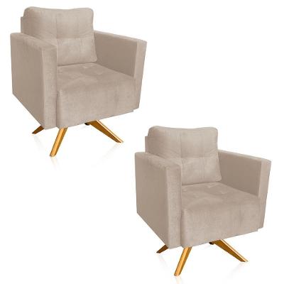Kit 2 Poltronas Giratória Livia Suede Bege Base De Madeira Ma30 - D'rossi