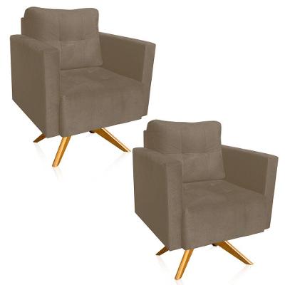 Kit 2 Poltronas Giratória Livia Suede Marrom Rato Base De Madeira Ma30 - D'rossi