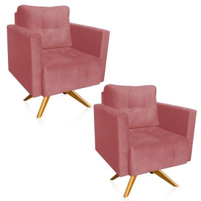 Kit 2 Poltronas Giratória Livia Suede Rosê Base De Madeira Ma30 - D'rossi