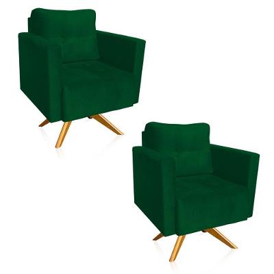 Kit 2 Poltronas Giratória Livia Suede Verde Base De Madeira Ma30 - D'rossi
