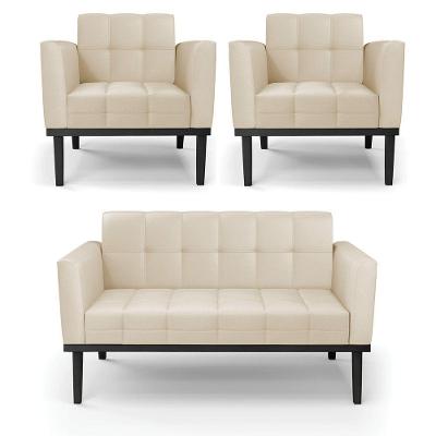 Conjunto 2 Poltronas E 1 Namoradeira Decorativa Karen Pés Fixo Em Madeira Preto Pu Bege G19 - Gran Belo
