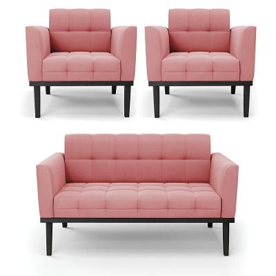 Conjunto 2 Poltronas E 1 Namoradeira Decorativa Karen Pés Fixo Em Madeira Preto Suede Rose G19 - Gran Belo