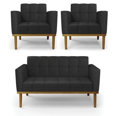 Conjunto 2 Poltronas E 1 Namoradeira Decorativa Karen Pés Fixo Em Madeira Castanho Pu Preto G19 - Gran Belo